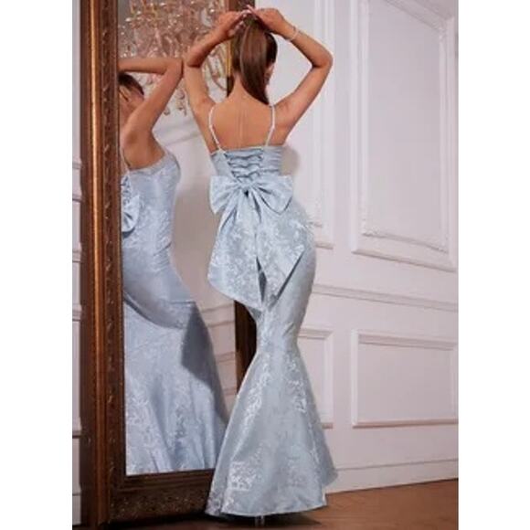 JJs House Dresses & Skirts - Blue Jacquard Sequin Corset Back Removable Bow Dress Long Gown Sz S